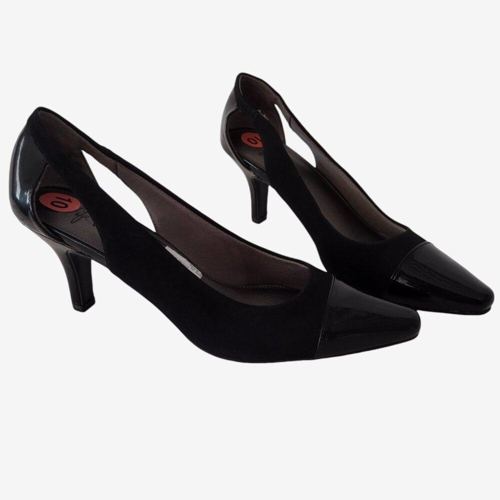 Life Stride Black Faux Suede Patent Leather Short Heel Pumps W Cutouts 10